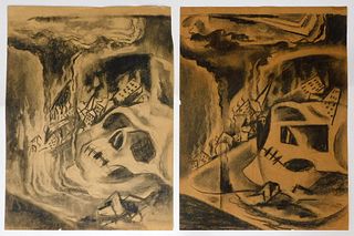 2 Otto Plaug Surrealist Skull Charcoal Drawings