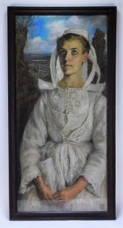Large Unusual Portrait Painting of Woman in Bonnet