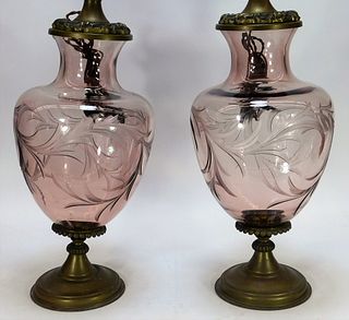 PR Lavender Etched Glass Table Lamps