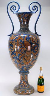 Large Biagioli Gubbio Peacock Faience Pottery Urn