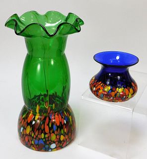 2PC Kralik Blue and Green Bohemian Art Glass Vases