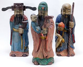 3 Chinese Carved Wood Scholar Statues