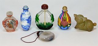 6 Chinese Painted Glass Hardstone Snuff Bottles