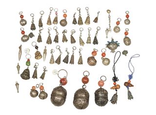 46 Chinese Silver Bells with Stone, 19th Century