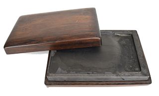 Chinese Inkstone with Old Rosewood Box, 19th Century