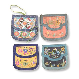 Group of 4 Chinese Silk Purses, 19th Century