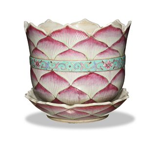 Chinese Famille Rose Lotus Planter & Tray, 19th Century