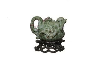 Chinese Green Shiwan Teapot with Old Box, 18-19th Century
