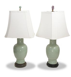 Pair of Celadon Vases Made Into Lamps, 19th Century