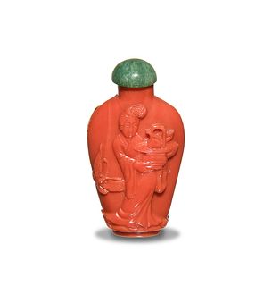 Chinese Coral Snuff Bottle Carved with Women,19th Century