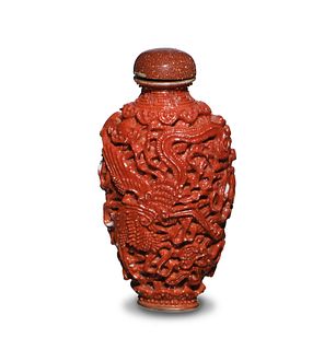 Red Glazed Craved Porcelain Snuff Bottle, 19th Century