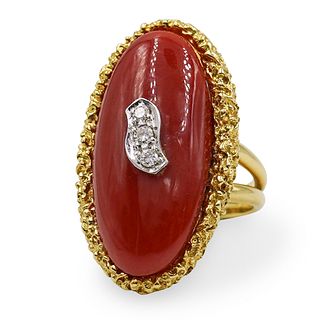 18k Coral, and Diamond Ring