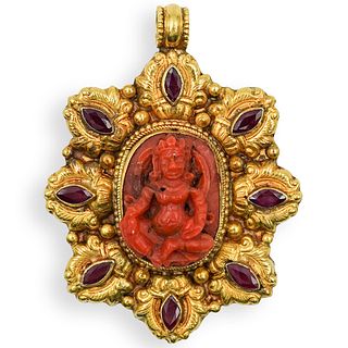 22k Gold, Coral and Ruby Pendant