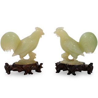 Pair of Chinese Carved Jade Roosters