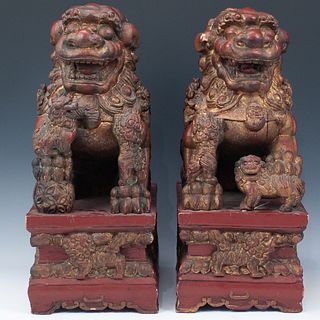 Chinese Carved Foo Dog Sculptures