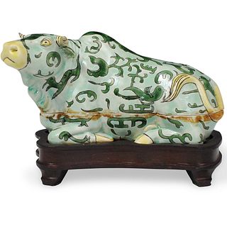 Antique Chinese Famille Verte Porcelain Bull Trinket