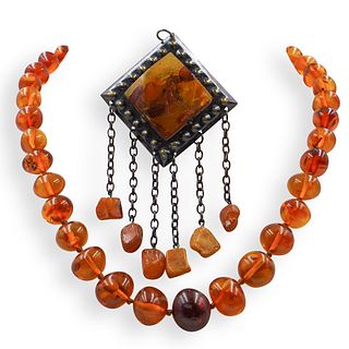 (2 Pc) Amber Necklace and Brooch