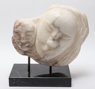 Modern "Mother & Child" White Marble Sculpture