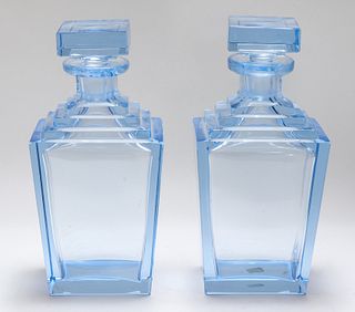 Art Deco Blue Glass Decanters, Pair