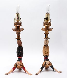 Painted Wood Carved Figural Acrobat Lamps, Pair