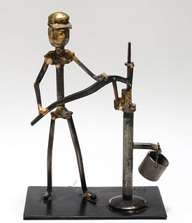 Brutalist "Man Pumping Water" Figural Sculpture