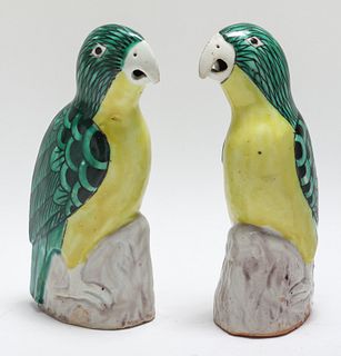 Chinese Export Glazed Porcelain Parrots, Pair