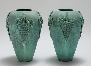 Arts & Crafts Style Metal Grape Motif Vases, Pair