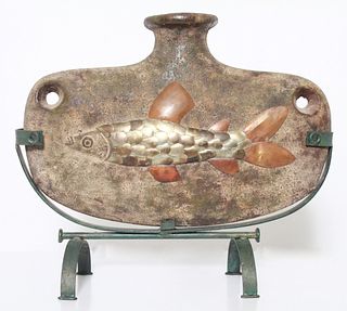 Modern Vase Sculpture with Fish Motif, Mixed Media