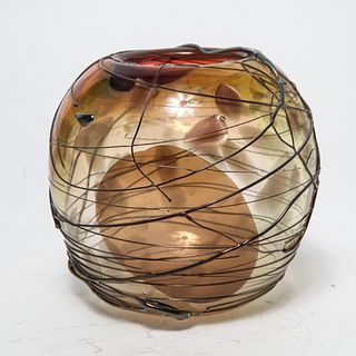 David van Noppen Art Glass Bowl w Thread Work