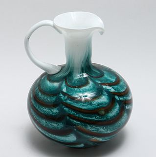 Art Glass Blue White And Brown Pitcher