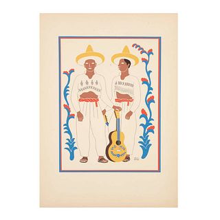 Carlos Mérida. Chontales, Estado de Tabasco, de la carpeta "Trajes Regionales mexicanos". Firmado. 1945. Serigrafía. 45 x 33 cm.