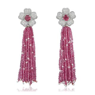 Ruby and Diamond Flower Day/Night Earrings