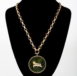 YELLOW GOLD & SPINACH JADE ZODIAC "ARIES" NECKLACE