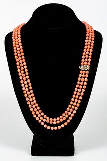 PINK CORAL TRIPLE STRAND NECKLACE, DIAMOND CLASP
