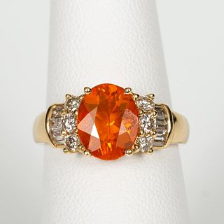 14k YELLOW GOLD, FIRE OPAL, AND DIAMOND RING