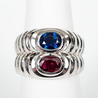 14K WHITE GOLD, RUBY & SAPPHIRE DOUBLE DOME RING