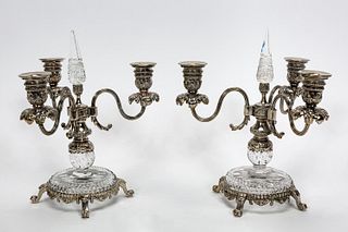PAIR, PAIRPOINT GLASS & SILVERPLATE CANDLEABRAS