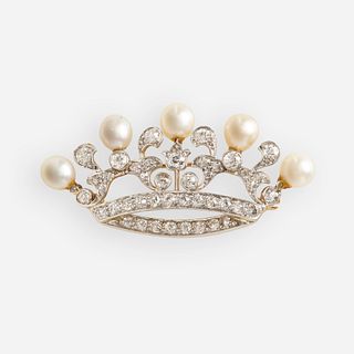 Antique diamond and cultured pearl crown brooch
