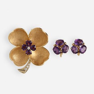 Amethyst, diamond, and gold clover brooch and earrings