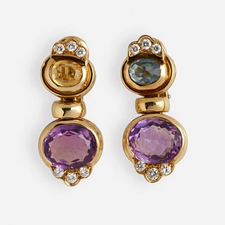 Multi-gem, diamond, and gold earrings