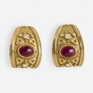 Ruby, diamond, and gold earrings