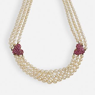 Three-strand cultured pearl and ruby necklace