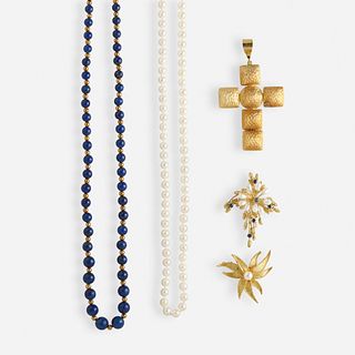 Group of cultured pearl, lapis lazuli, and gold jewelry