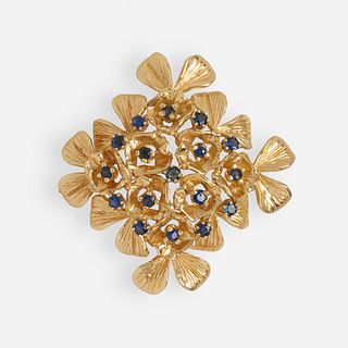 Sapphire and gold flower brooch