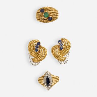 Tiffany & Co. sapphire and gold ropework earrings and two rings