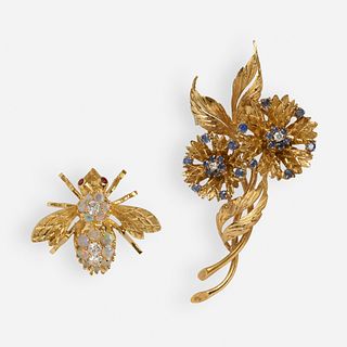 Sapphire and diamond flower brooch and opal and diamond bee brooch