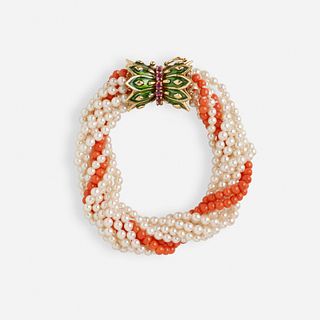 Coral and cultured pearl torsade bracelet