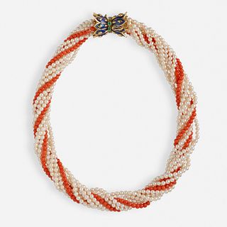 Coral and cultured pearl torsade necklace