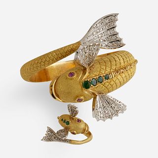 Diamond and gem-set flying fish bracelet and ring en suite