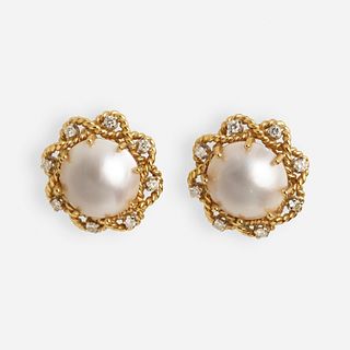 Pair of mabe pearl, diamond, and gold ear clips